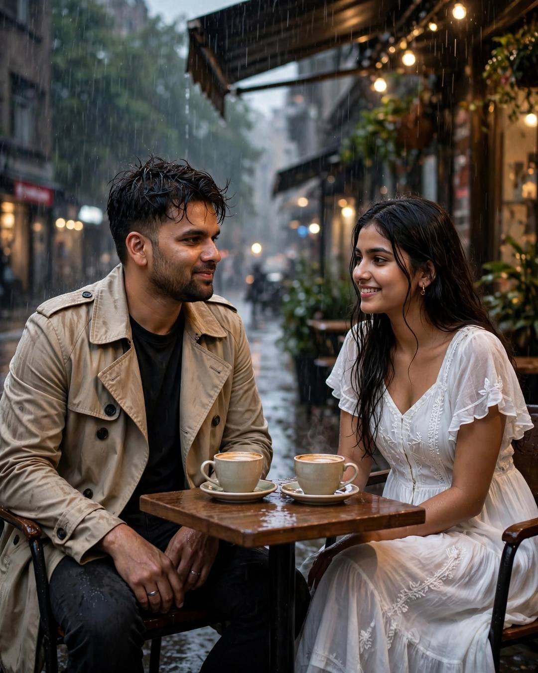 Young couple at a small street cafe table in heavy rain, two cappuccinos, man in beige trench coat, woman in white dress