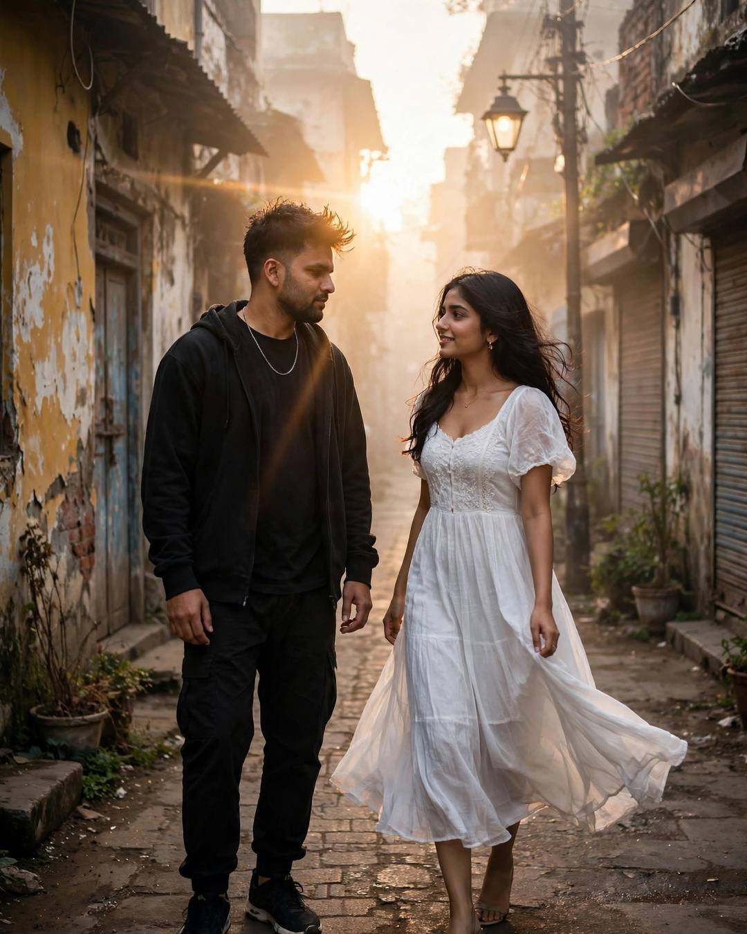 Young couple dancing slowly in a foggy old-city lane at golden hour, man in black streetwear, woman in white dress
