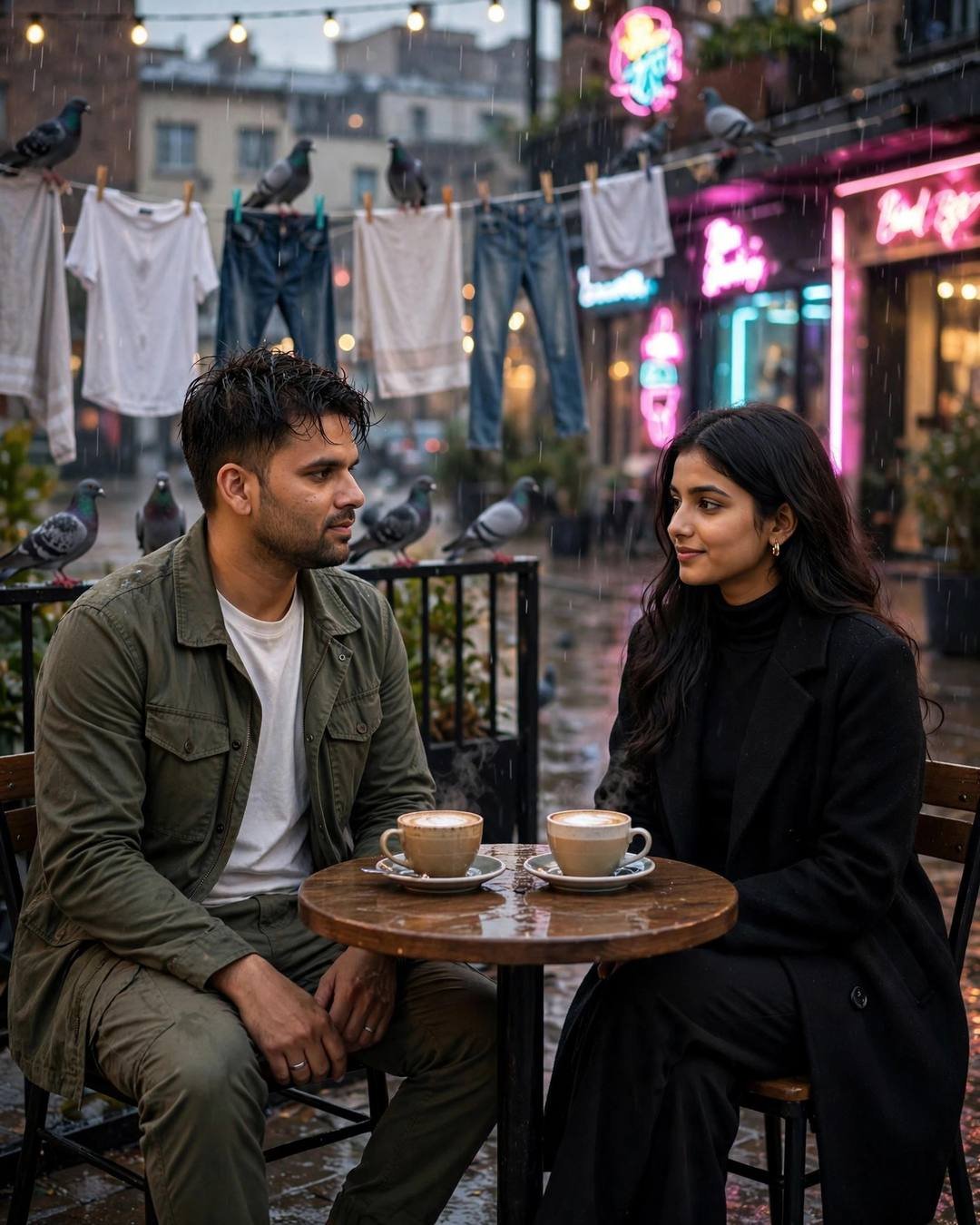 Young couple at a small table on a terrace with clothes lines and pigeons, neon signs glowing through drizzle behind