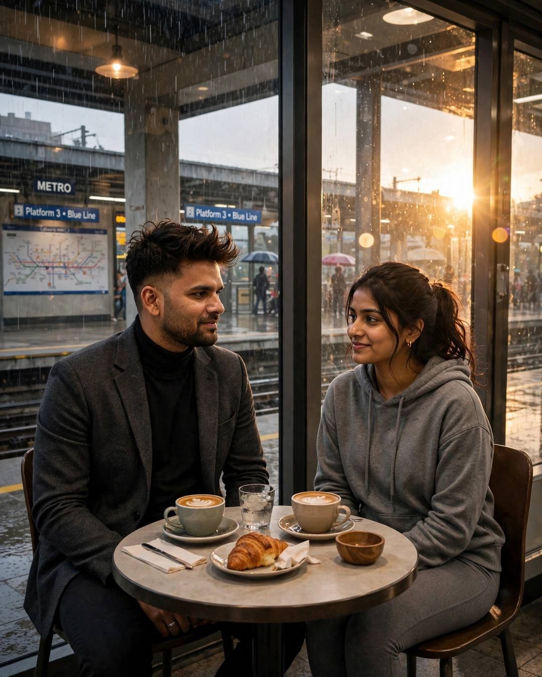Young couple at a cafe table inside a metro station at sunset, golden light flooding through glass, Platform 3 sign behind