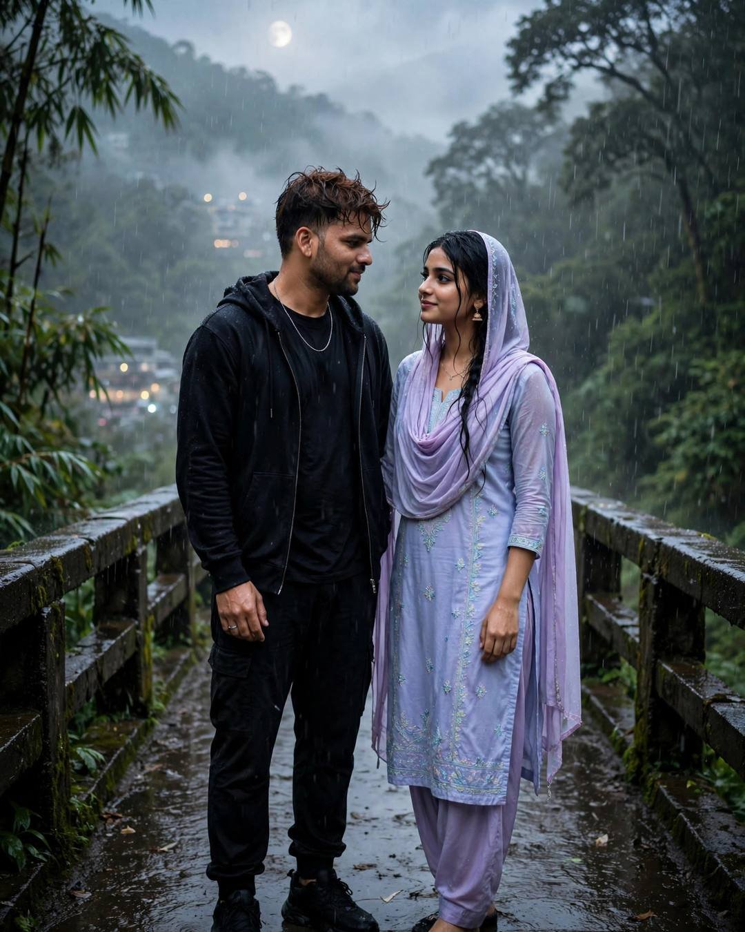 Forehead kisses at a book fair — all-black streetwear with sneakers, towel-dried tousled hair, standing on a bridge, looking at each other while the city blurs at misty forest path; heavy monsoon rain