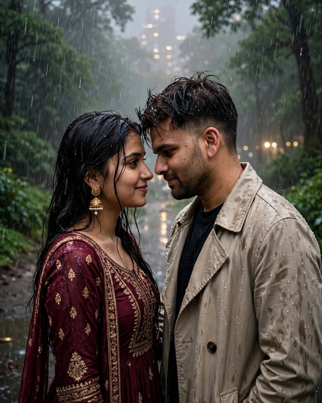 Her feeding him pani puri at a — beige trench coat over dark layers, slightly messy morning hair, standing face to face, foreheads almost touching at misty forest path; heavy monsoon rain, midnight wi
