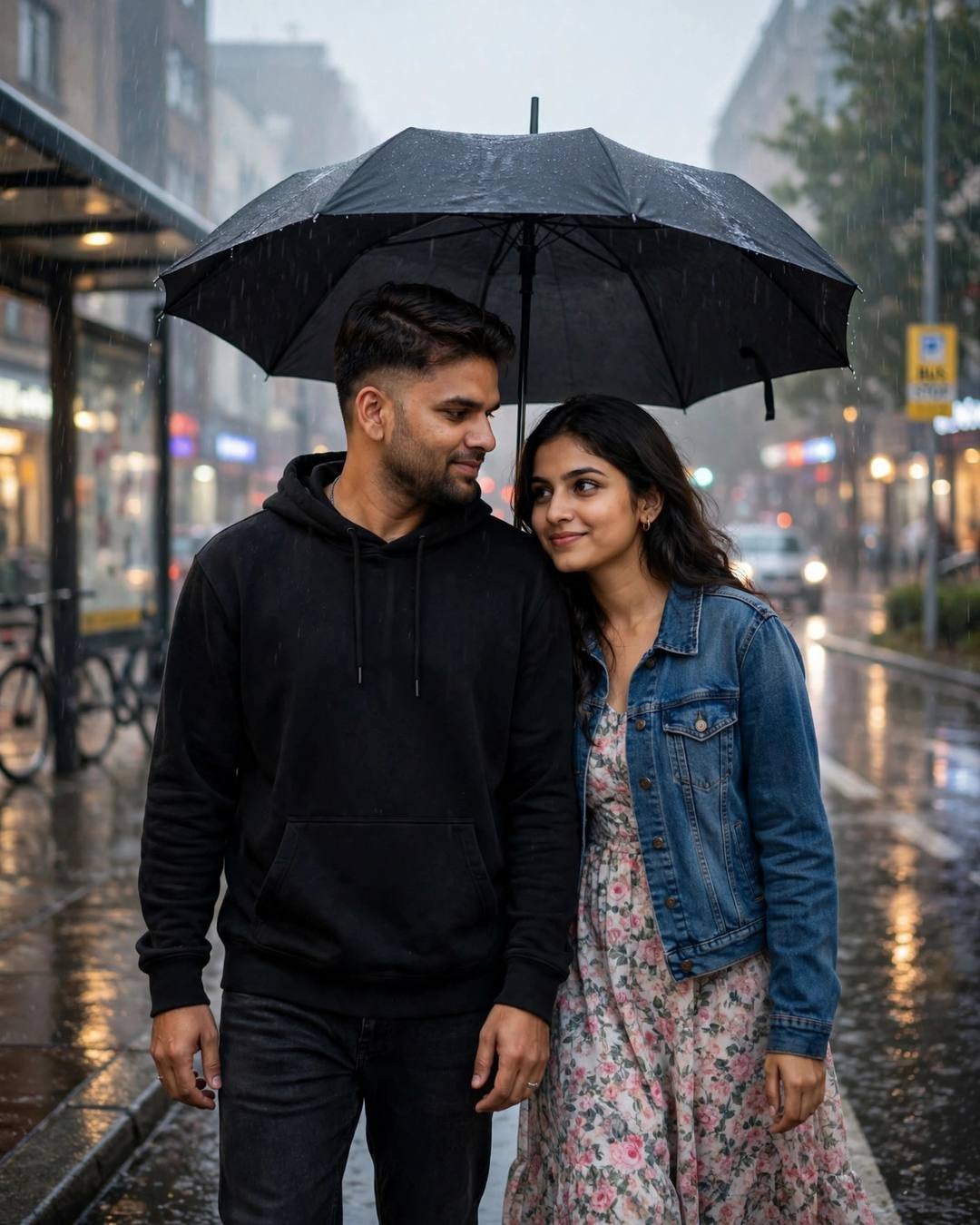 Him carrying her over a puddle, both — black oversized hoodie and dark jeans, neatly combed side part, walking side by side under one umbrella, shoulders touching at bus stop in the rain; post-rain we