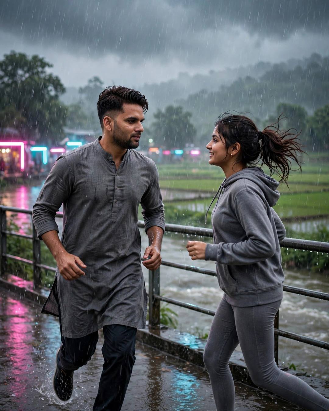 A piggyback ride through a mustard field — grey kurta with dark pajama, neatly combed side part, running toward each other across a sunlit field at bridge over a slow river; heavy monsoon rain, dawn w