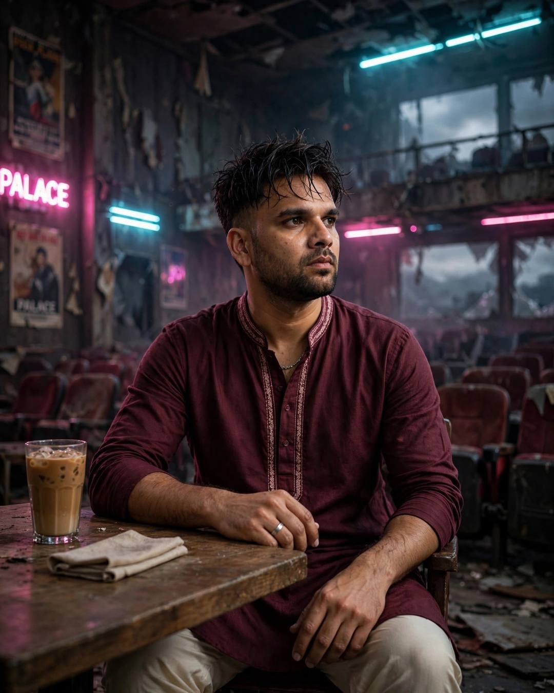 Young Indian man in maroon kurta with cream churidar sitting at a table with cold coffee inside an abandoned neon-lit cinema hall