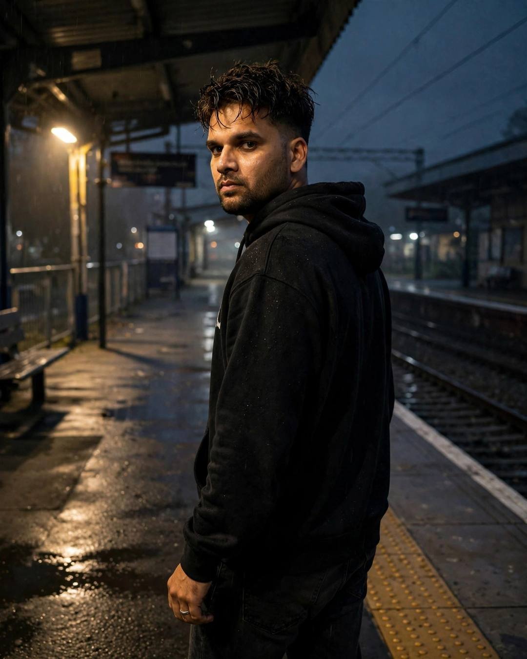 Young Indian man in black oversized hoodie on a wet railway platform at night, glancing back at the camera