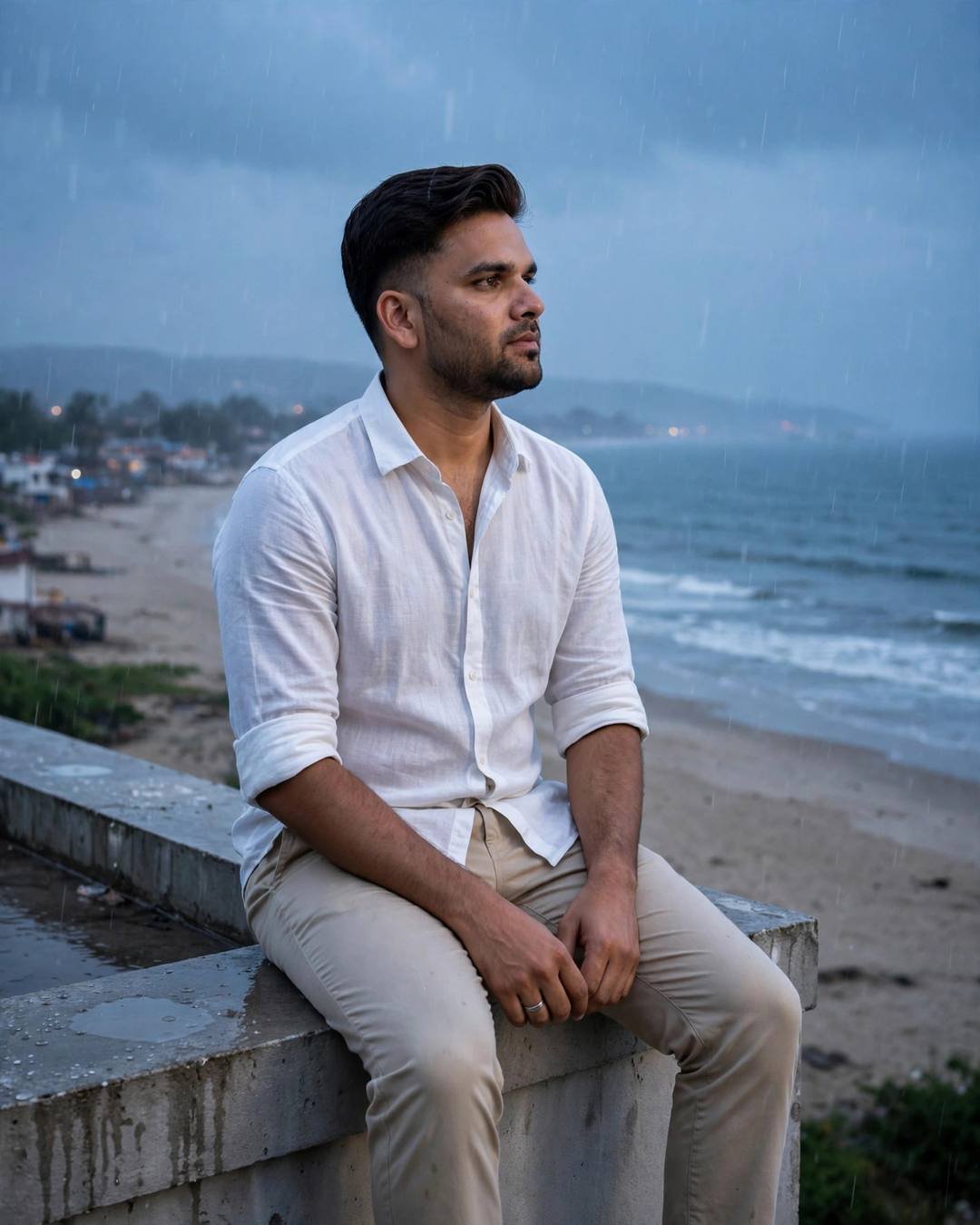 Young Indian man in white linen shirt and beige trousers sitting on a seaside ledge in light rain at dusk