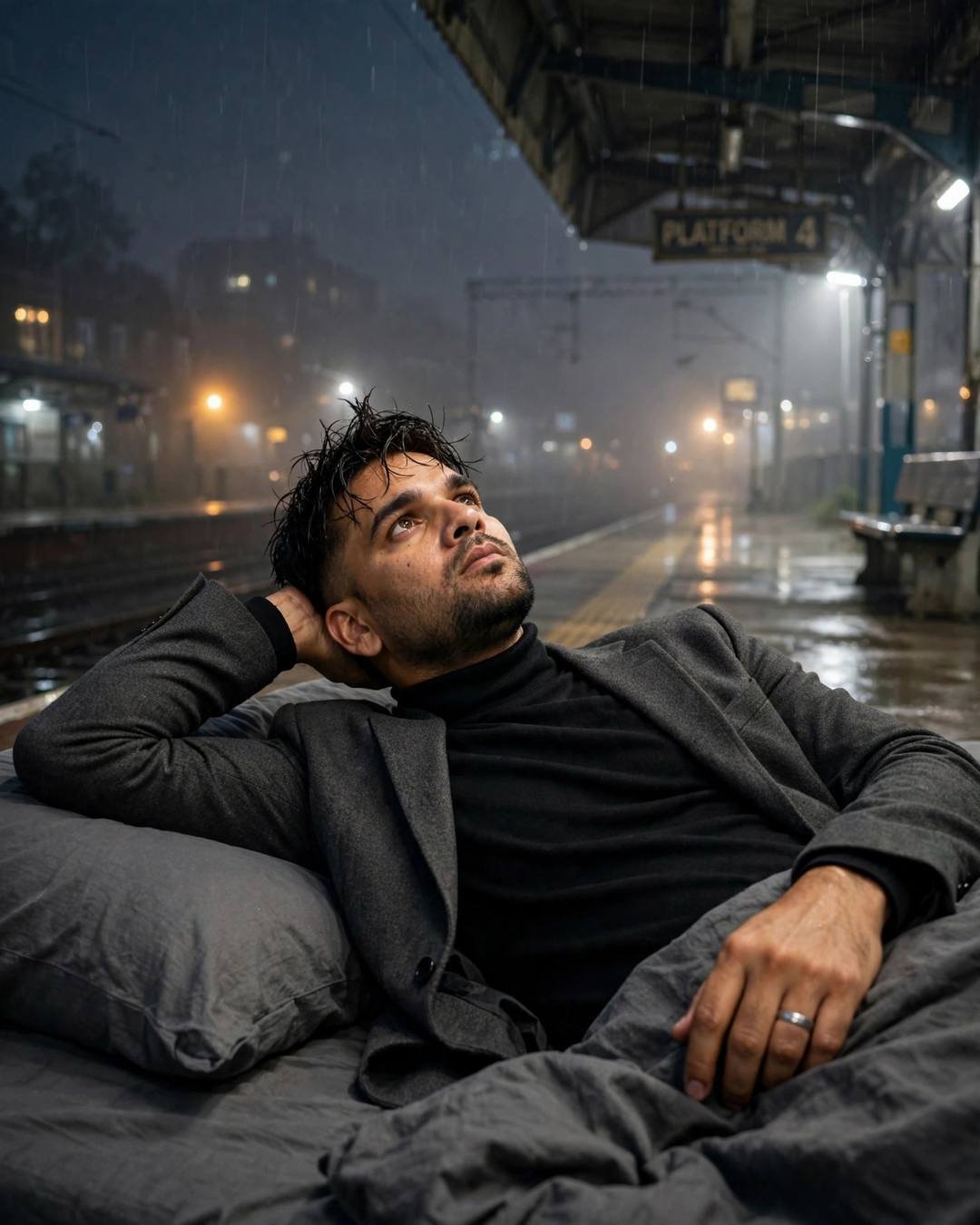 Young Indian man in charcoal blazer and black turtleneck reclining on a mattress on a foggy night railway platform