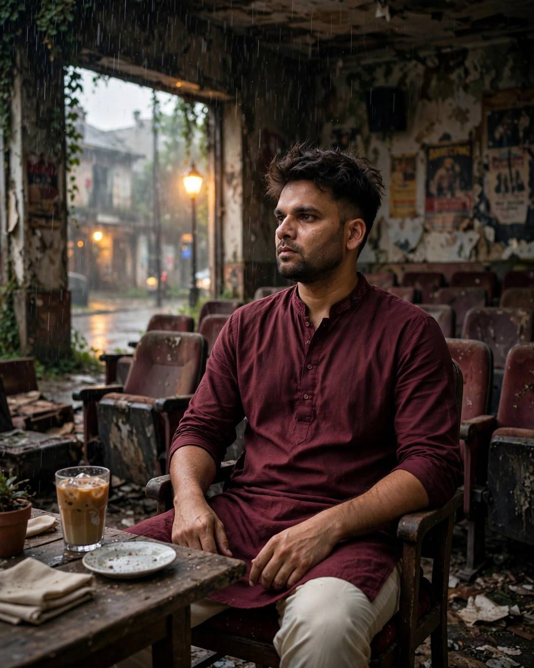 Tears held back at his best friend's — maroon kurta with cream churidar, slightly messy morning hair, sitting at a cafe table, cradling a cold coffee, lost in thought at abandoned cinema hall; drizzle