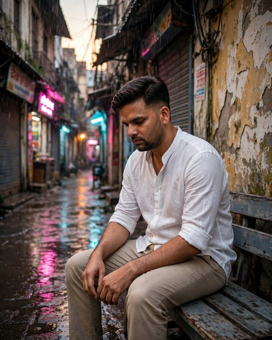 Smiling through tears at an old family — white linen shirt with rolled sleeves, beige trousers, neatly combed side part, sitting on station bench, elbows on knees, head in hands at narrow old-city lan