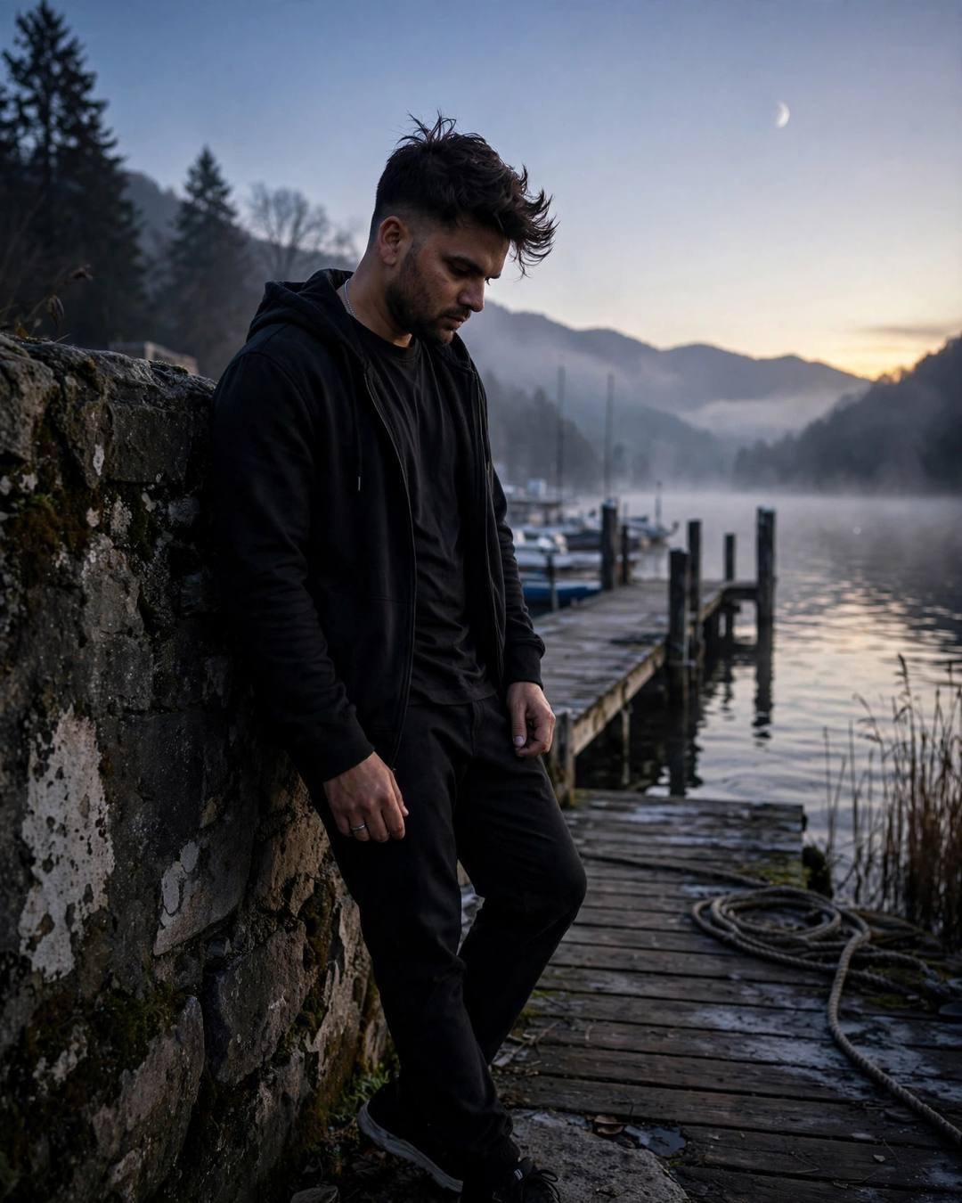 Voice cracking as he records a birthday — all-black streetwear with sneakers, windswept textured hair, leaning against a weathered wall, head tilted down at quiet lake pier at dawn; clear cold night, 