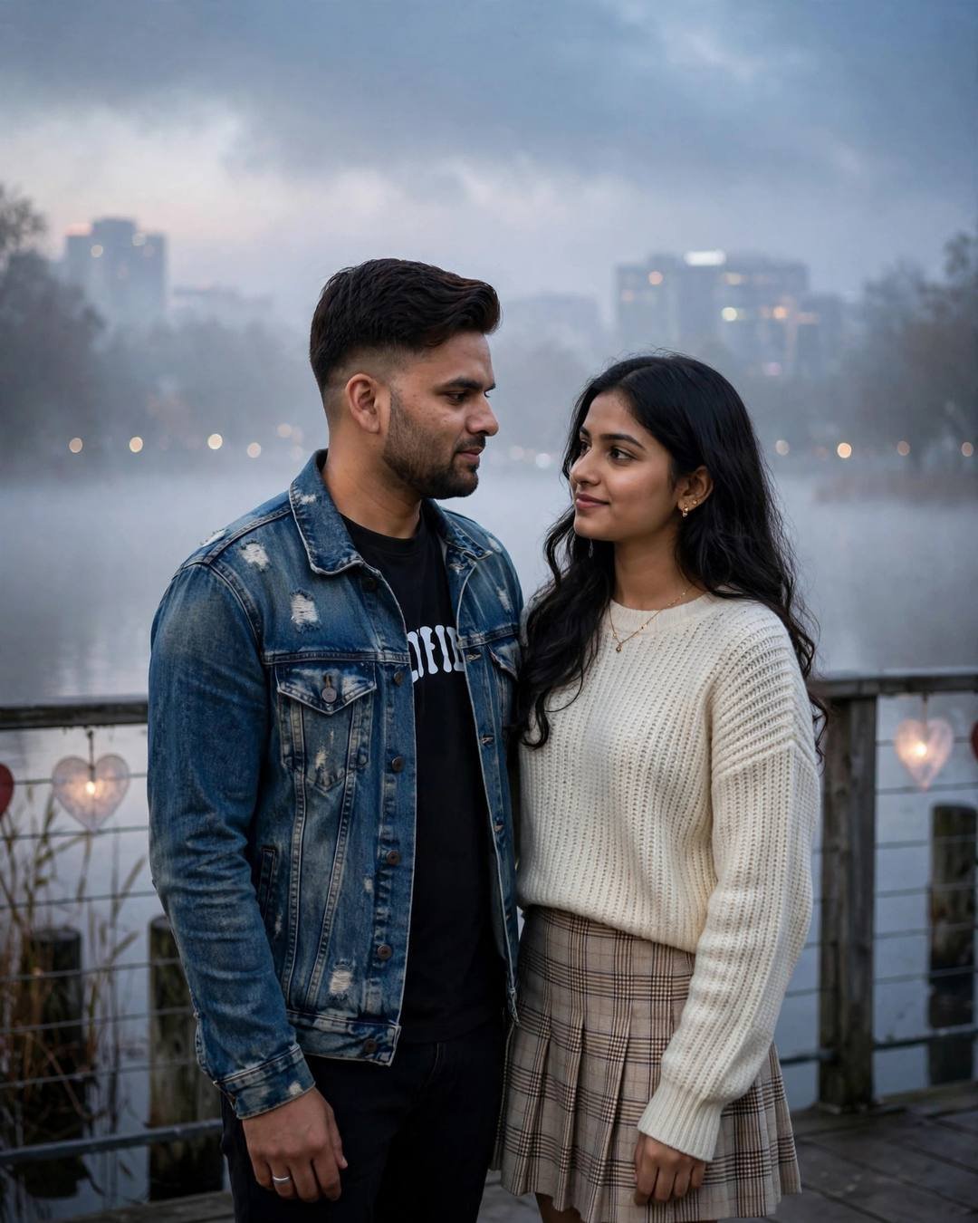 Tears and laughter as they see their — distressed denim jacket over black tee, neatly combed side part, standing on a bridge, looking at each other while the city blurs at quiet lake pier at dawn; den