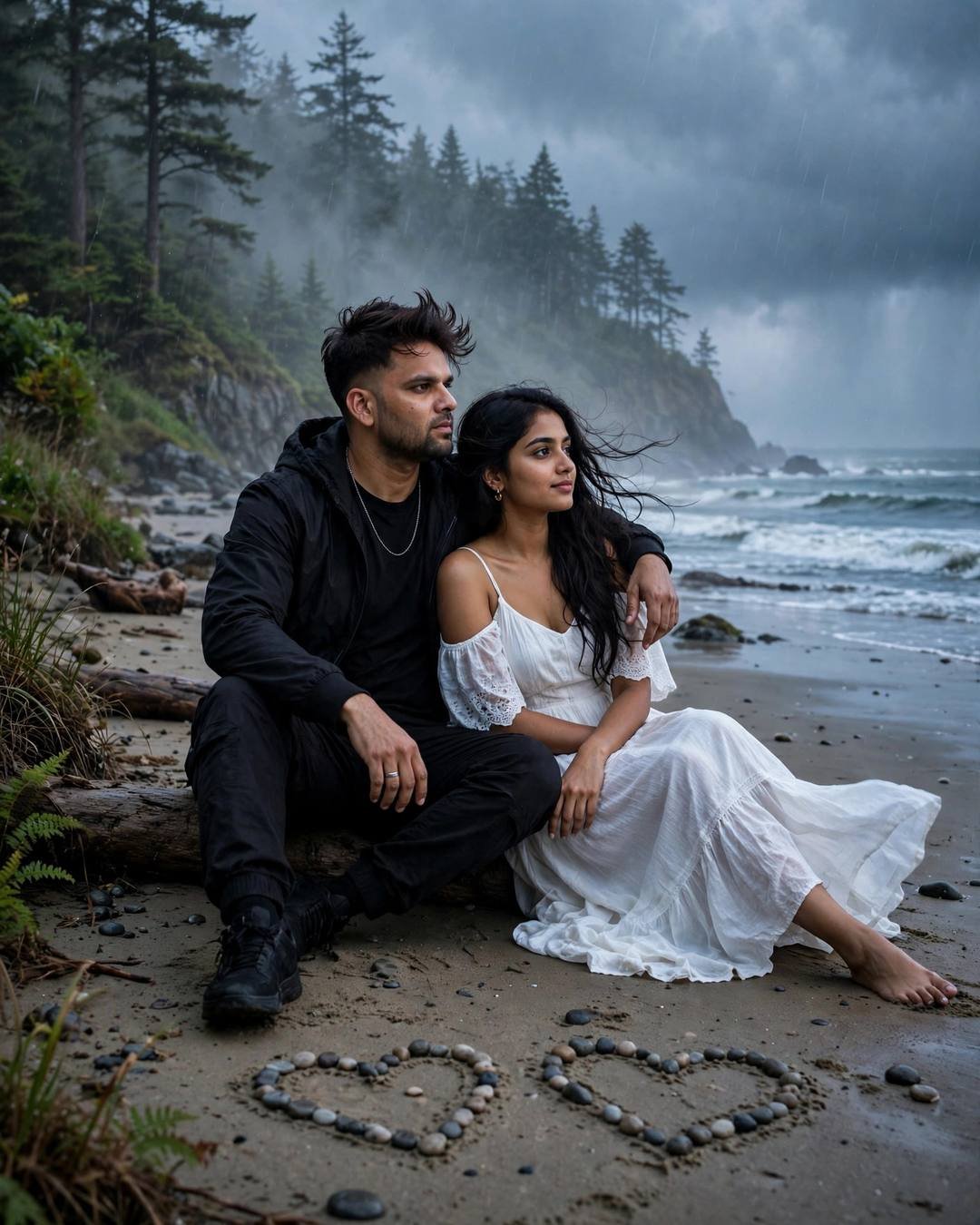 Comforting each other after a shared loss — all-black streetwear with sneakers, windswept textured hair, sitting on the sand watching the waves, his arm around her at misty forest path; overcast gloom