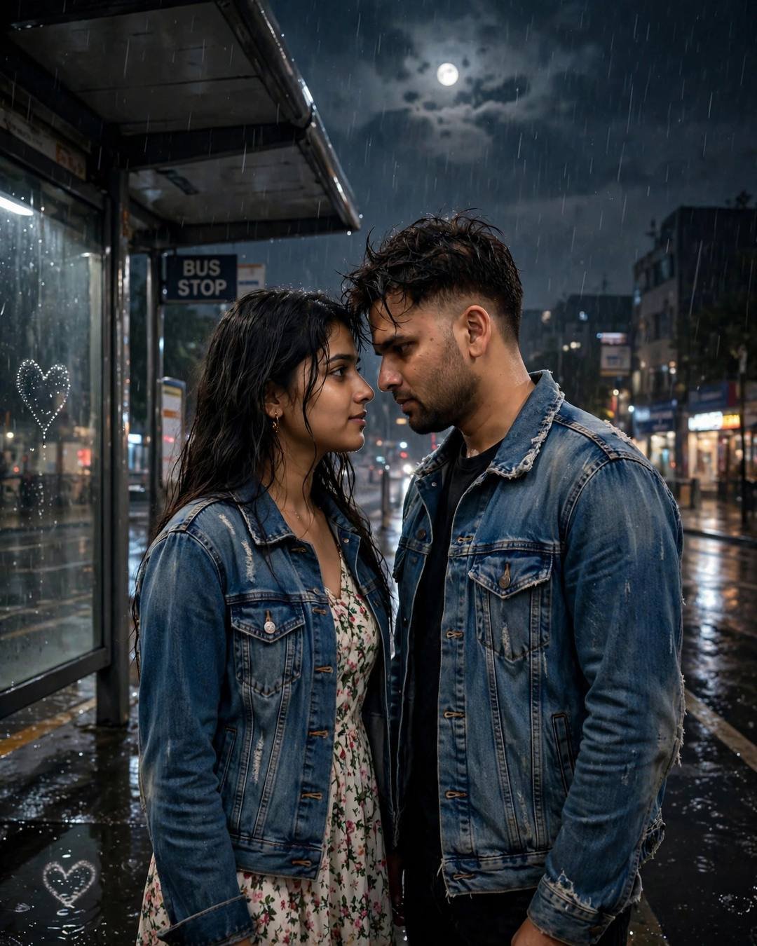 Praying side by side at a temple — distressed denim jacket over black tee, slightly messy morning hair, standing face to face, foreheads almost touching at bus stop in the rain; light rain, midnight w