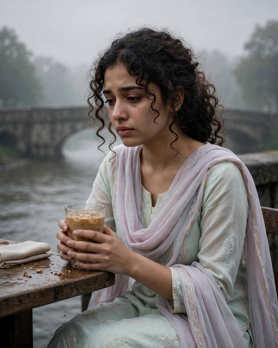 Overwhelmed at her own graduation, looking for — pastel salwar-kameez with dupatta, soft curls framing the face, sitting at a cafe table, cradling a cold coffee, lost in thought at bridge over a slow 