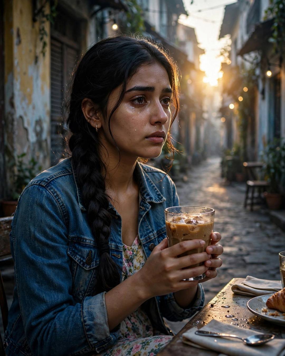 Hugging her childhood teddy before moving away — denim jacket over floral dress, long braid over one shoulder, sitting at a cafe table, cradling a cold coffee, lost in thought at narrow old-city lane 