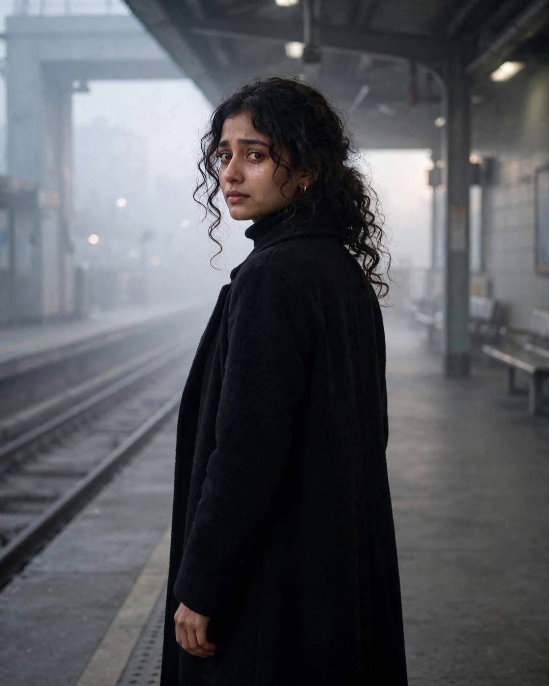 Reading a love letter from ten years — black turtleneck with long coat, soft curls framing the face, back to the camera, looking over one shoulder at midnight metro station; clear cold night, dawn wit