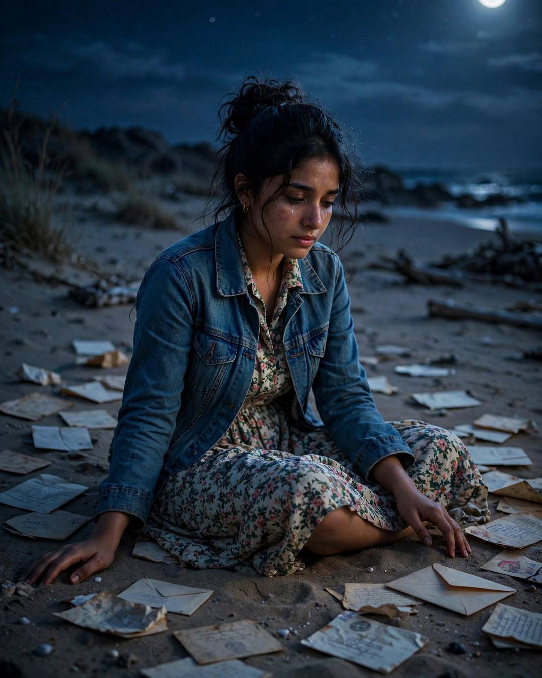 Crying-laughing at her sister's surprise visit — denim jacket over floral dress, messy bun with stray strands, sitting cross-legged on the floor surrounded by old letters at deserted beach at dusk; cl