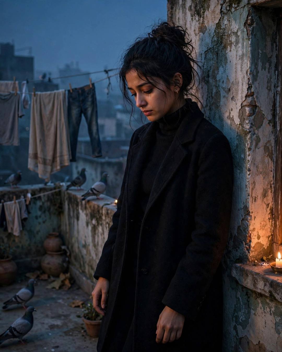 Holding her grandmother's bangles, remembering her voice — black turtleneck with long coat, messy bun with stray strands, leaning against a weathered wall, head tilted down at terrace with drying clot