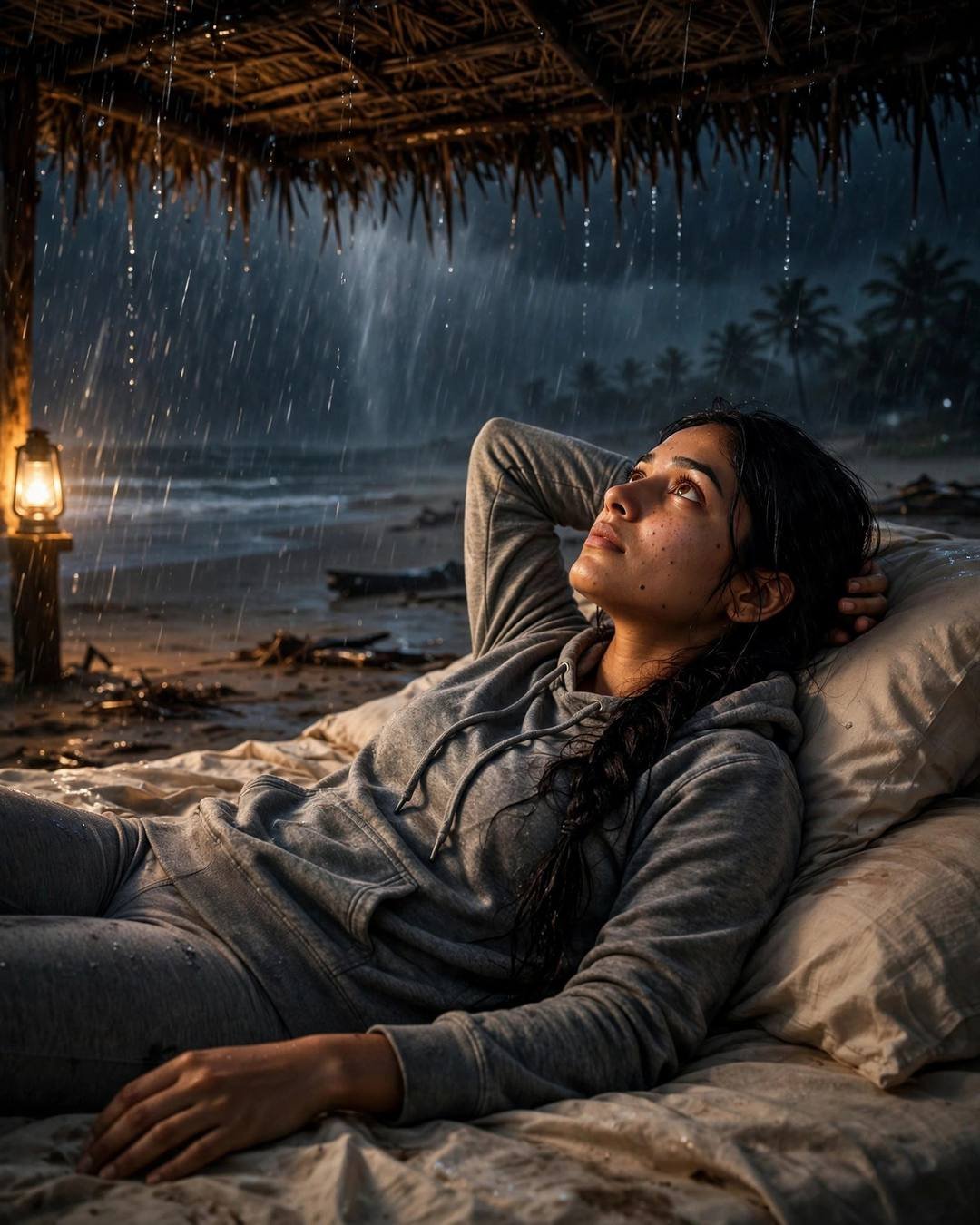 Young woman in grey hoodie lying under a thatched roof on a beach at night, heavy rain, lantern light