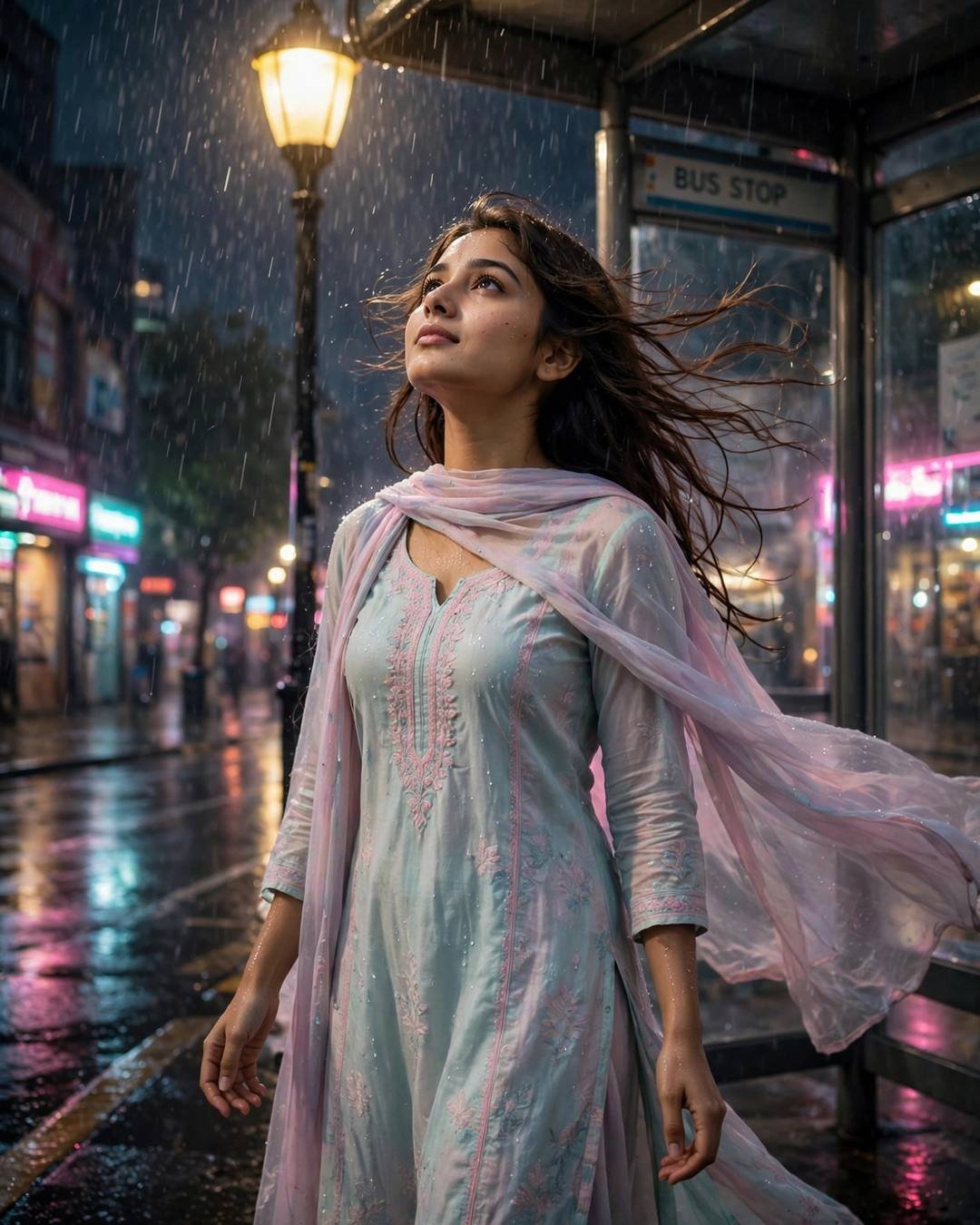 Young woman in pastel salwar-kameez standing in rain at a bus stop at night, face lifted, neon glow