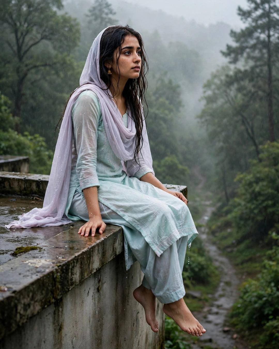 Young woman in pastel salwar-kameez sitting on a rooftop ledge in drizzle, misty forest valley behind