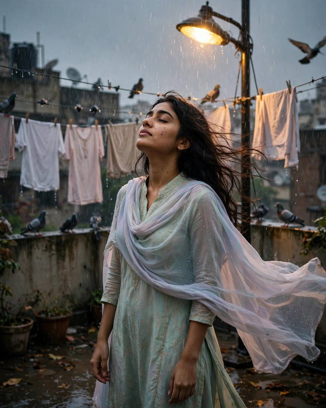 Young woman in pastel salwar-kameez under a streetlamp on a rainy terrace, face to the sky, pigeons