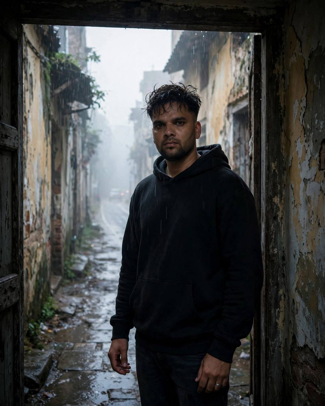Young Indian man in black hoodie standing in a doorway at the end of a rain-washed old-city lane at dawn