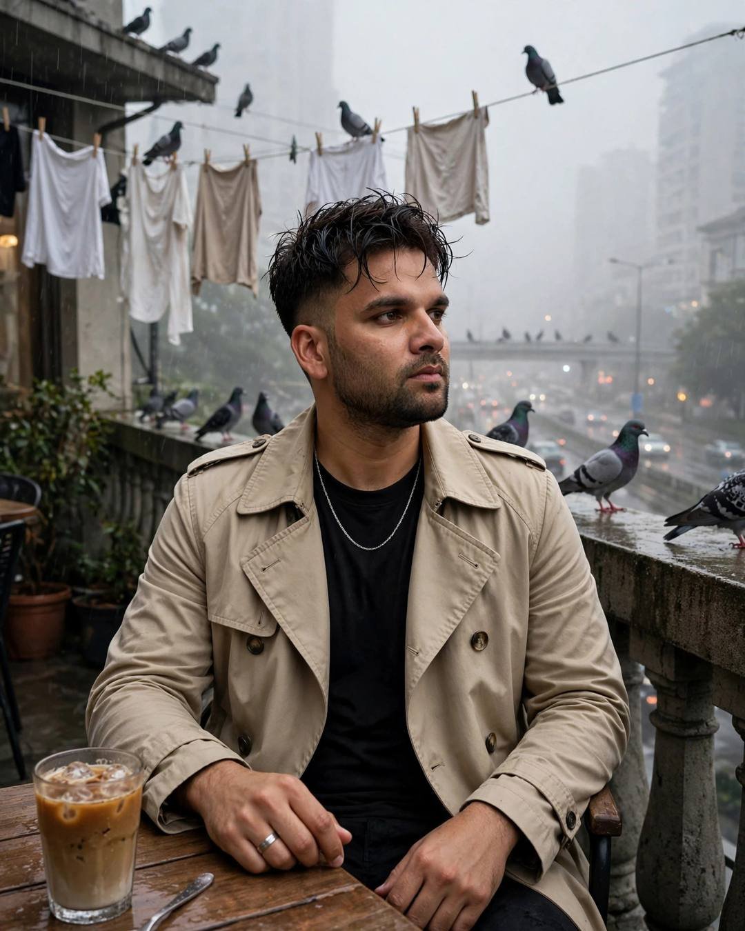 Young Indian man in beige trench coat sitting at a terrace café table with cold coffee among pigeons and clothes lines