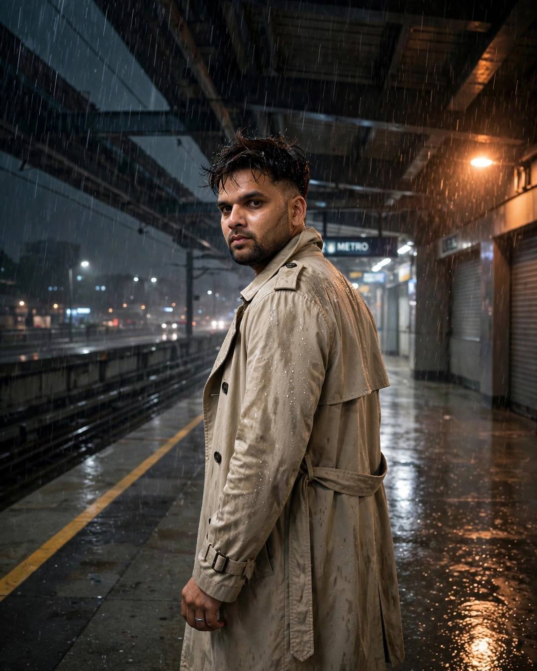 Young Indian man in beige trench coat walking through monsoon rain at a midnight metro station, looking back