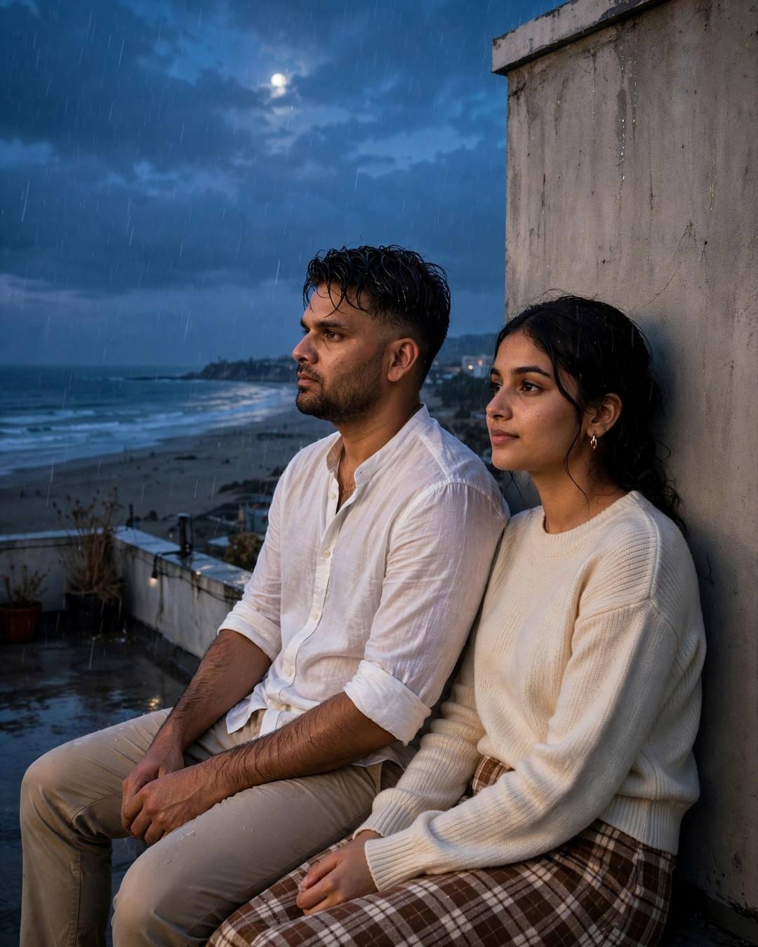 Young couple sitting back-to-back on a rooftop at blue hour, moonlit sea behind them in drizzle