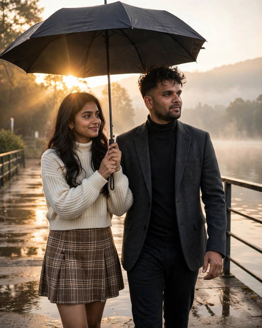 Young couple walking under one umbrella on a lake pier at dawn, golden light through mist