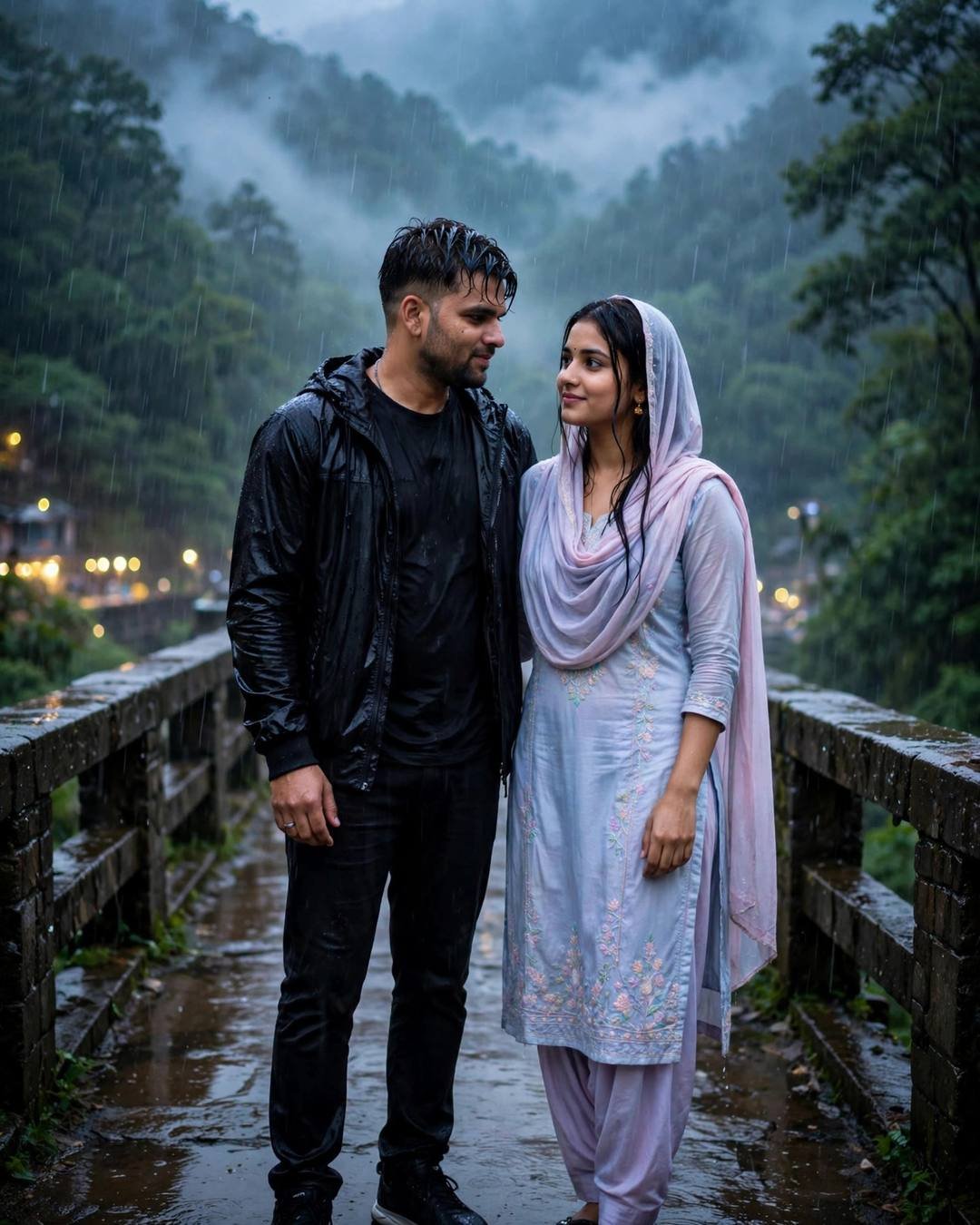 Young couple gazing at each other on a stone bridge in heavy monsoon rain, misty forest behind