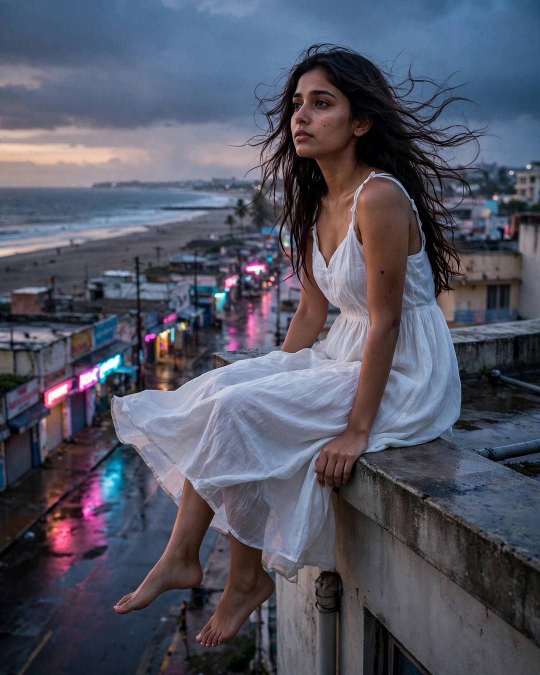 Young Indian woman in a white summer dress sitting on a rooftop ledge over a beach town at dusk, hair in the wind