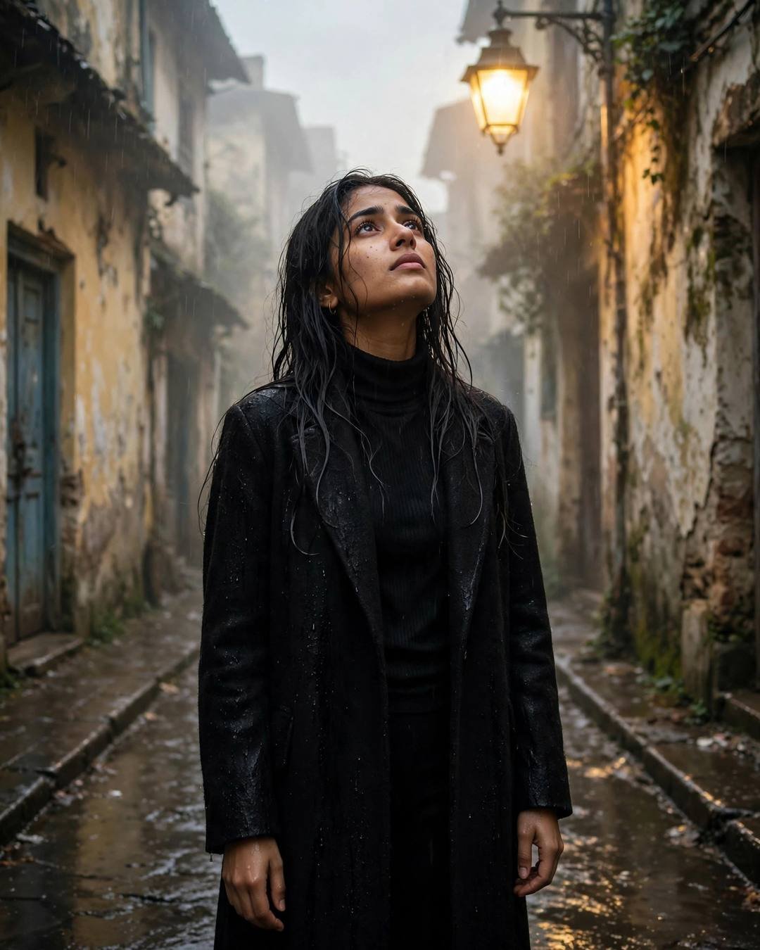 Young Indian woman in black turtleneck and long coat standing under a streetlamp in the rain in an old-city lane
