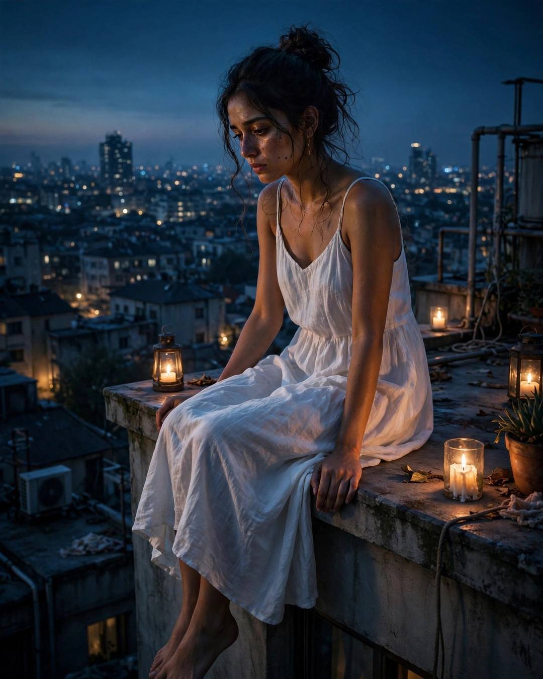 Young Indian woman in a white dress with a messy bun sitting on a rooftop ledge above city lights with candles