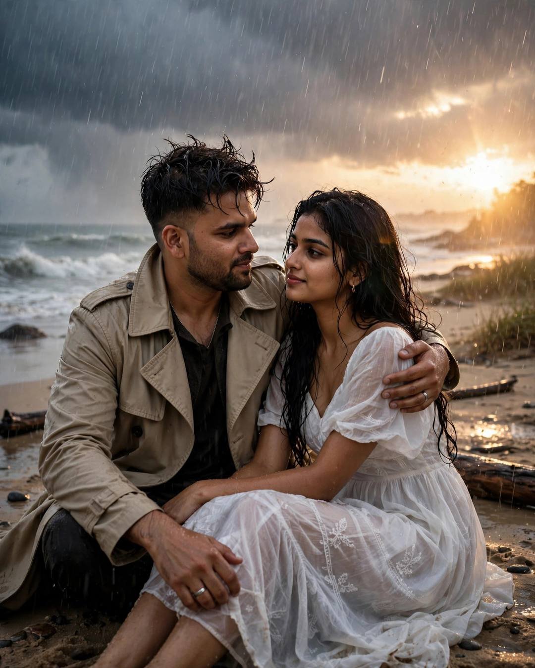 Young Indian couple seated on a rainy beach at dusk, his arm around her, golden backlight through storm clouds
