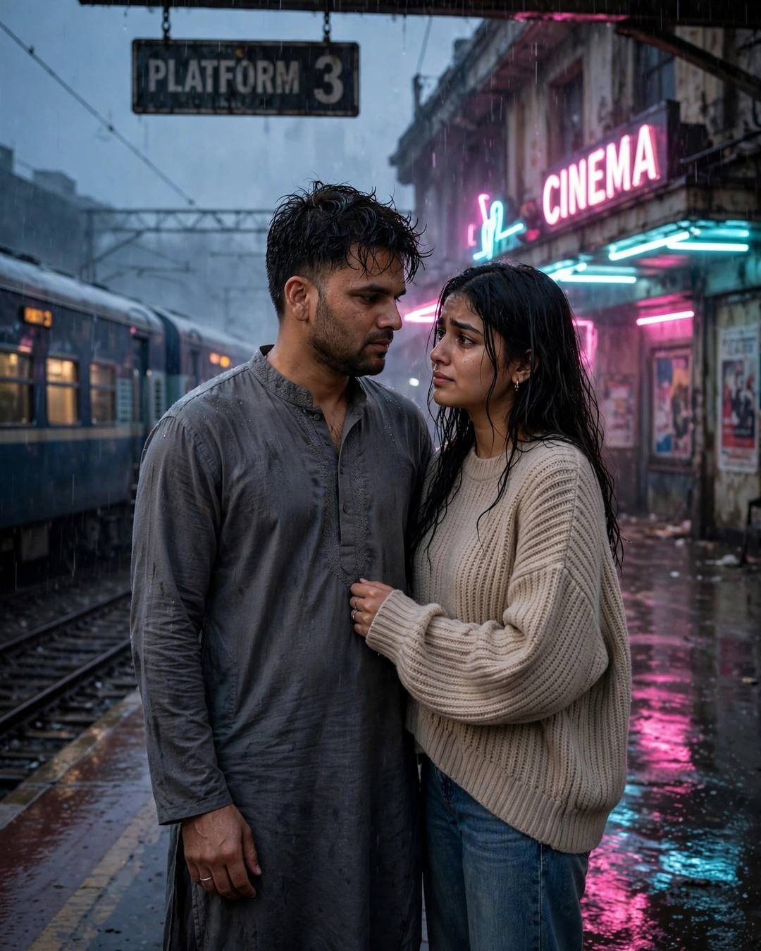 Young Indian couple standing close on a neon-lit railway platform in drizzle, train waiting behind