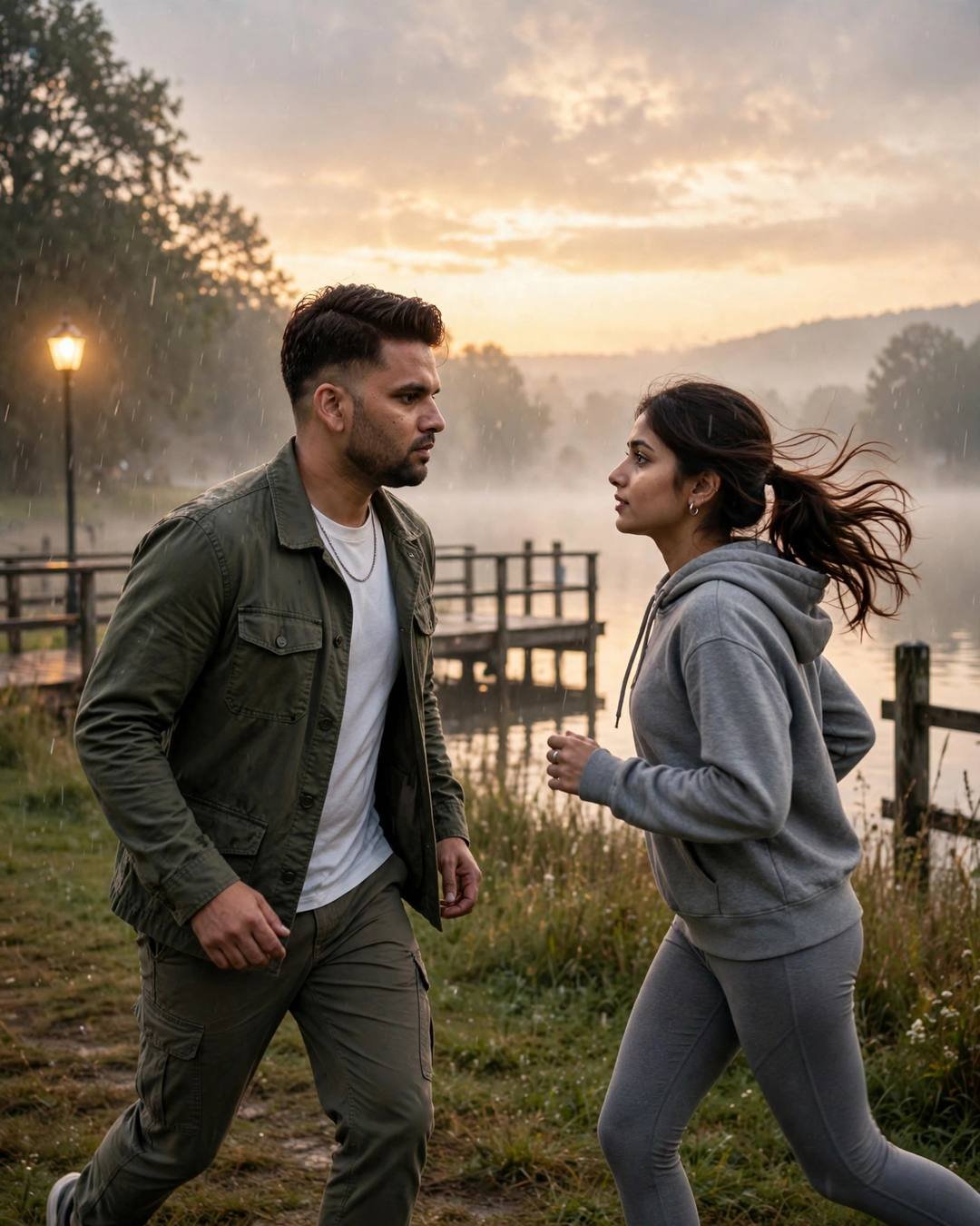 Young Indian couple running toward each other by a misty lake pier at golden hour, olive field jacket and grey hoodie