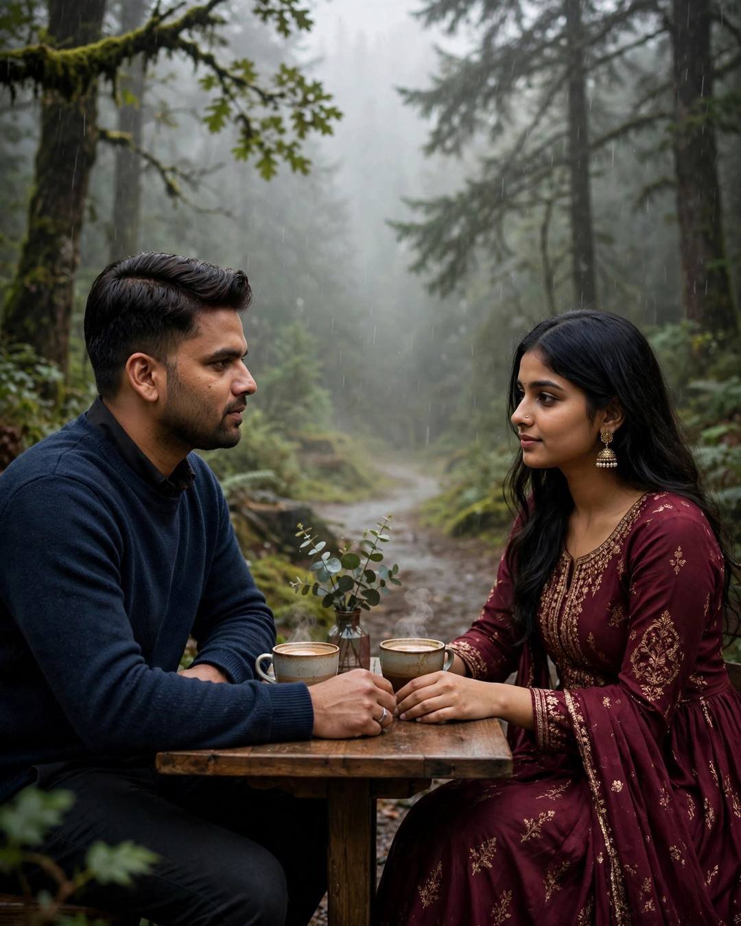 Young Indian couple across a small cafe table in a misty forest, hands almost touching over steaming cups