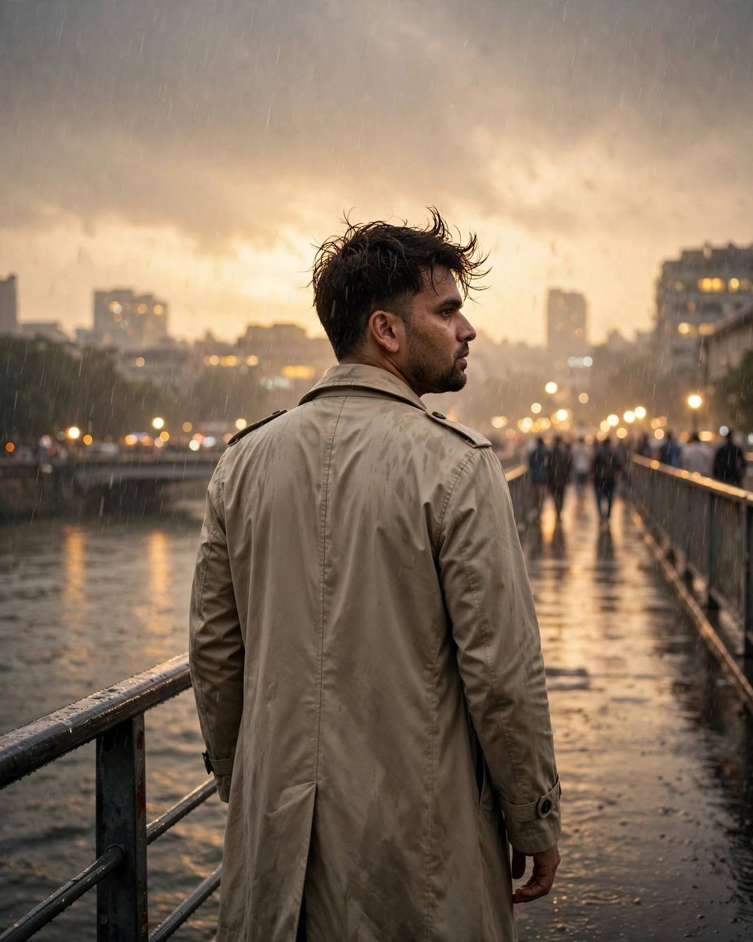 Young Indian man in a beige trench coat walking away across a rainy bridge over a river at golden hour