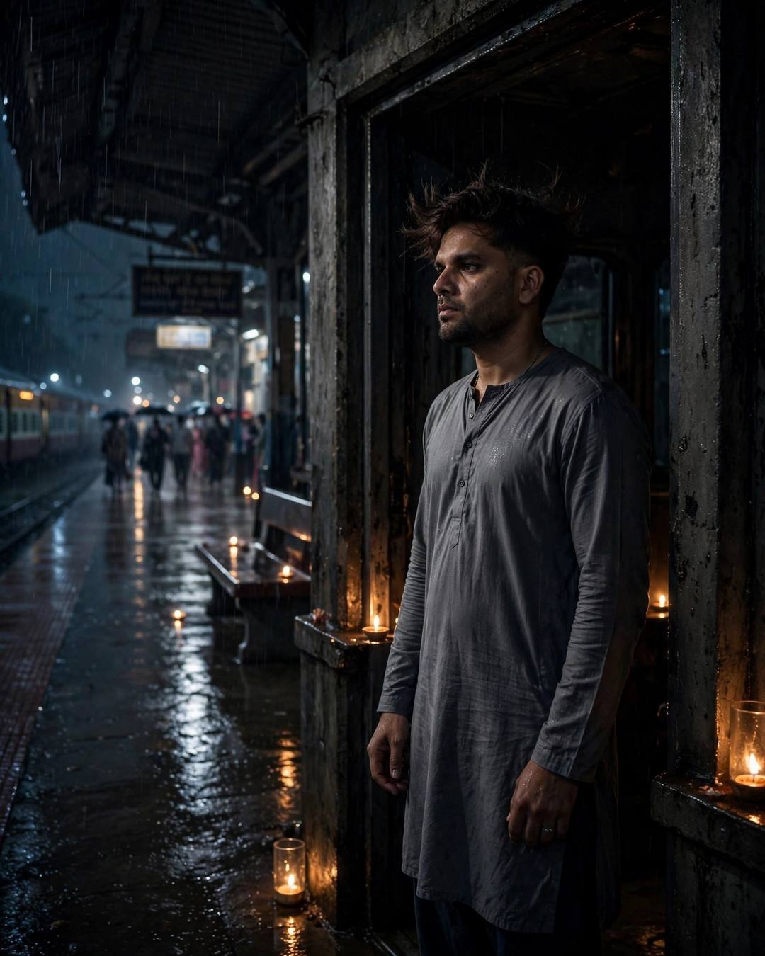 Young Indian man in a grey kurta standing in a dark railway station doorway at night, diyas burning nearby