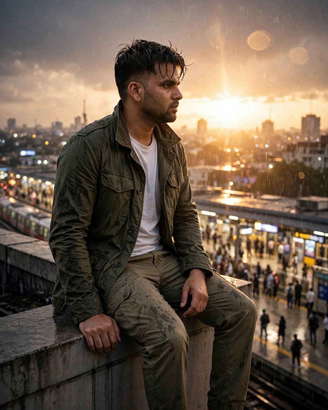 Young Indian man in an olive field jacket sitting on a rooftop ledge above a crowded metro station at golden hour in drizzle