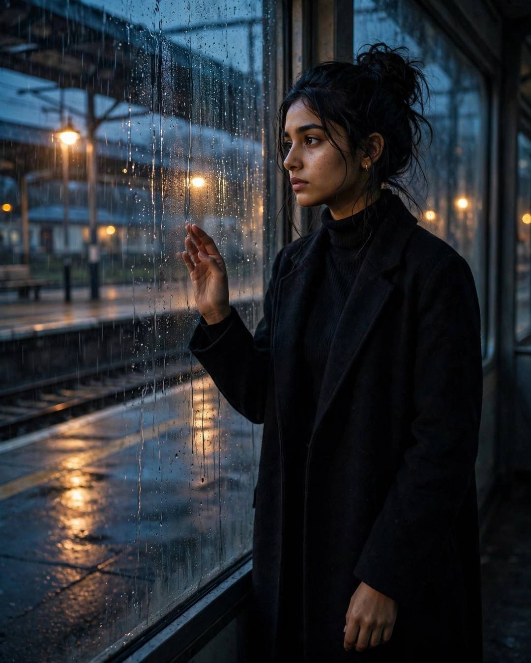 Young Indian woman in a black turtleneck and long coat with hand on a rain-streaked window at a night railway platform