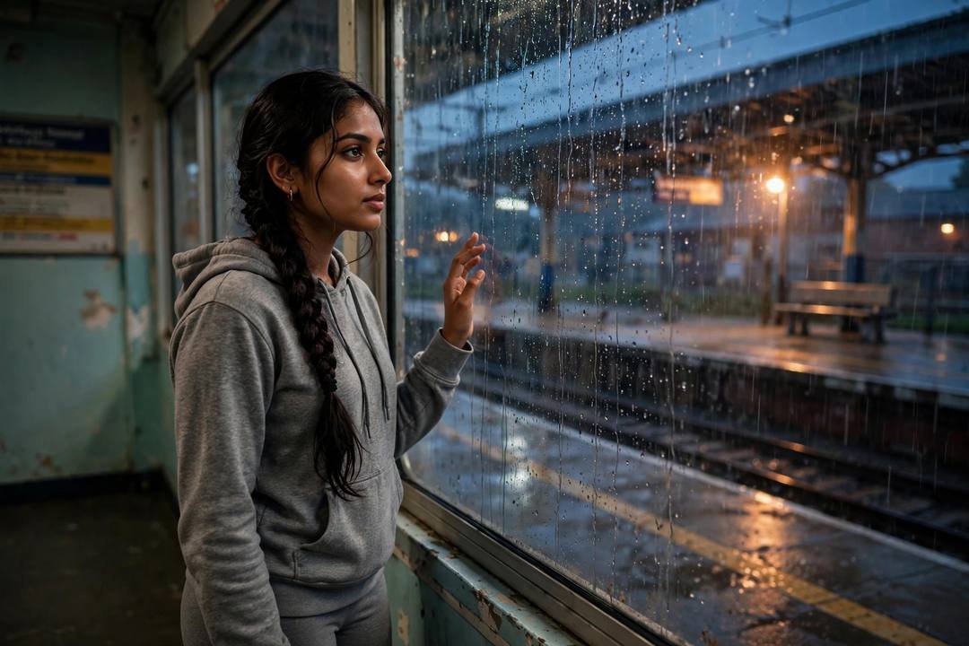 Young Indian woman in a grey hoodie with a long braid, hand raised to a rain-streaked window at a night railway platform