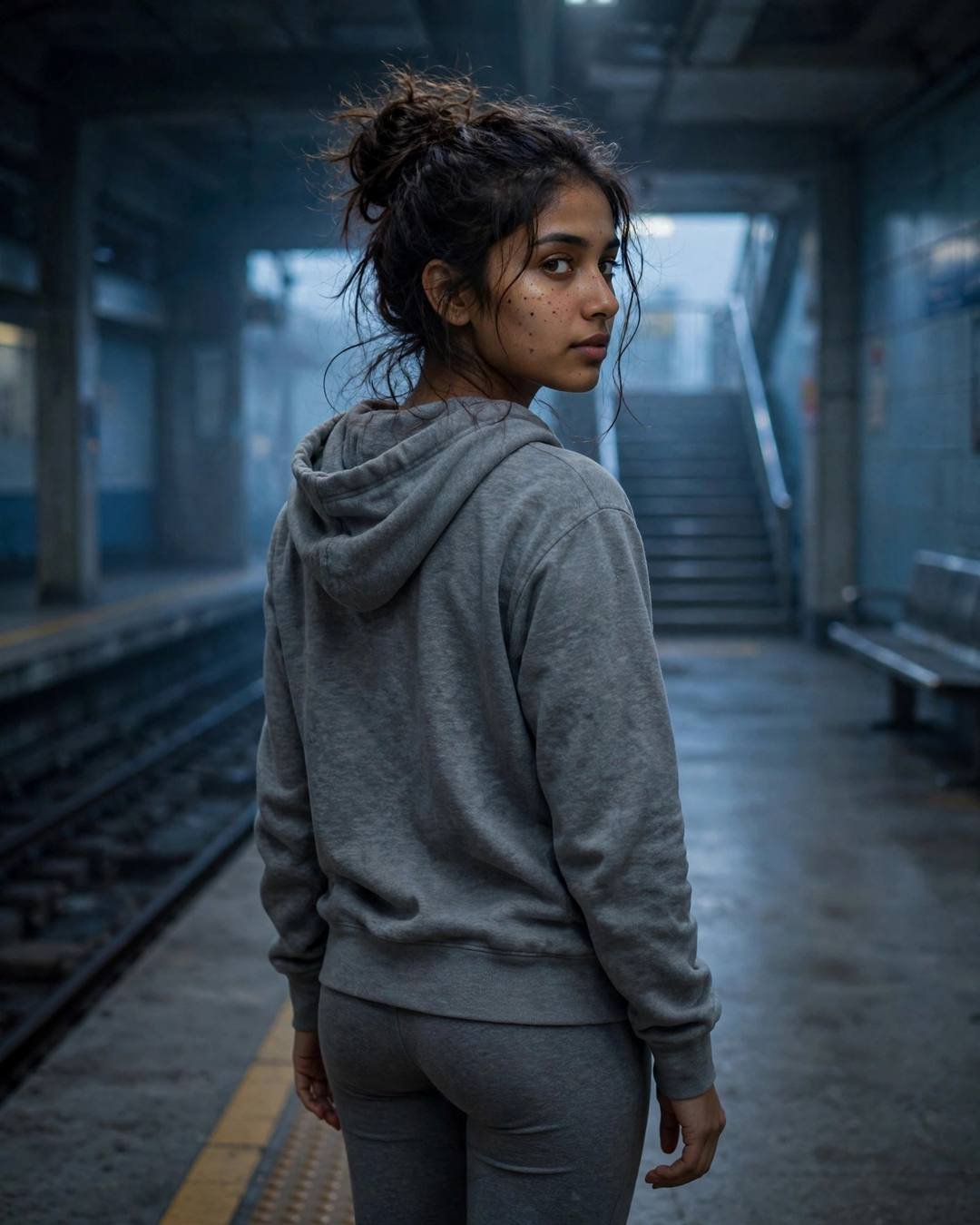Young Indian woman in a grey hoodie and leggings with messy bun, looking over her shoulder at an empty metro station at dawn