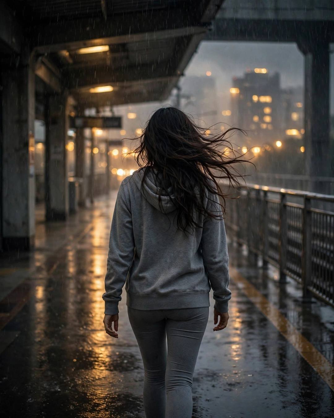 Young Indian woman in a grey hoodie and leggings walking away down a rainy station path, hair in the breeze, golden glow