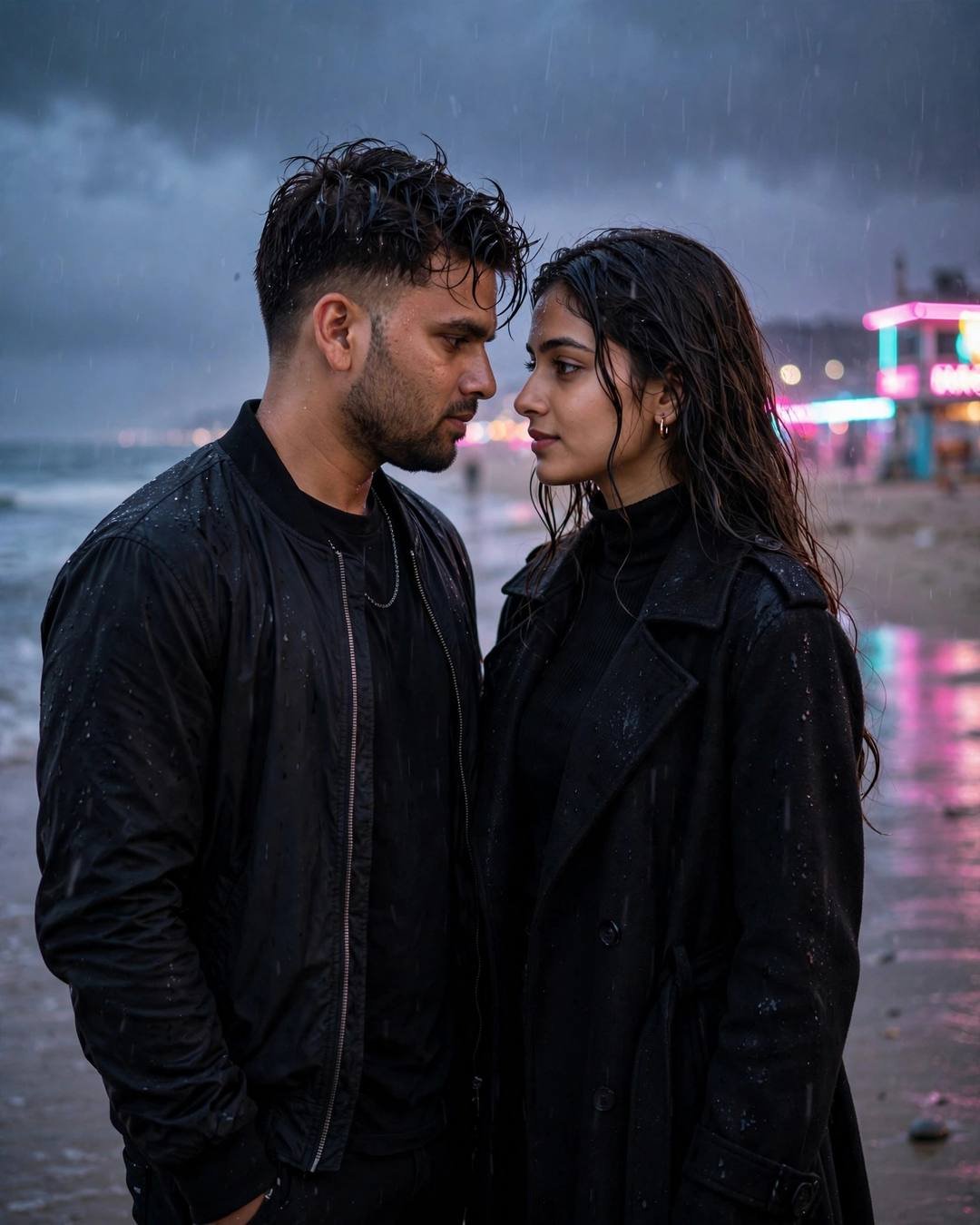 Young Indian couple face to face on a beach at dusk with pink and cyan neon, foreheads almost touching