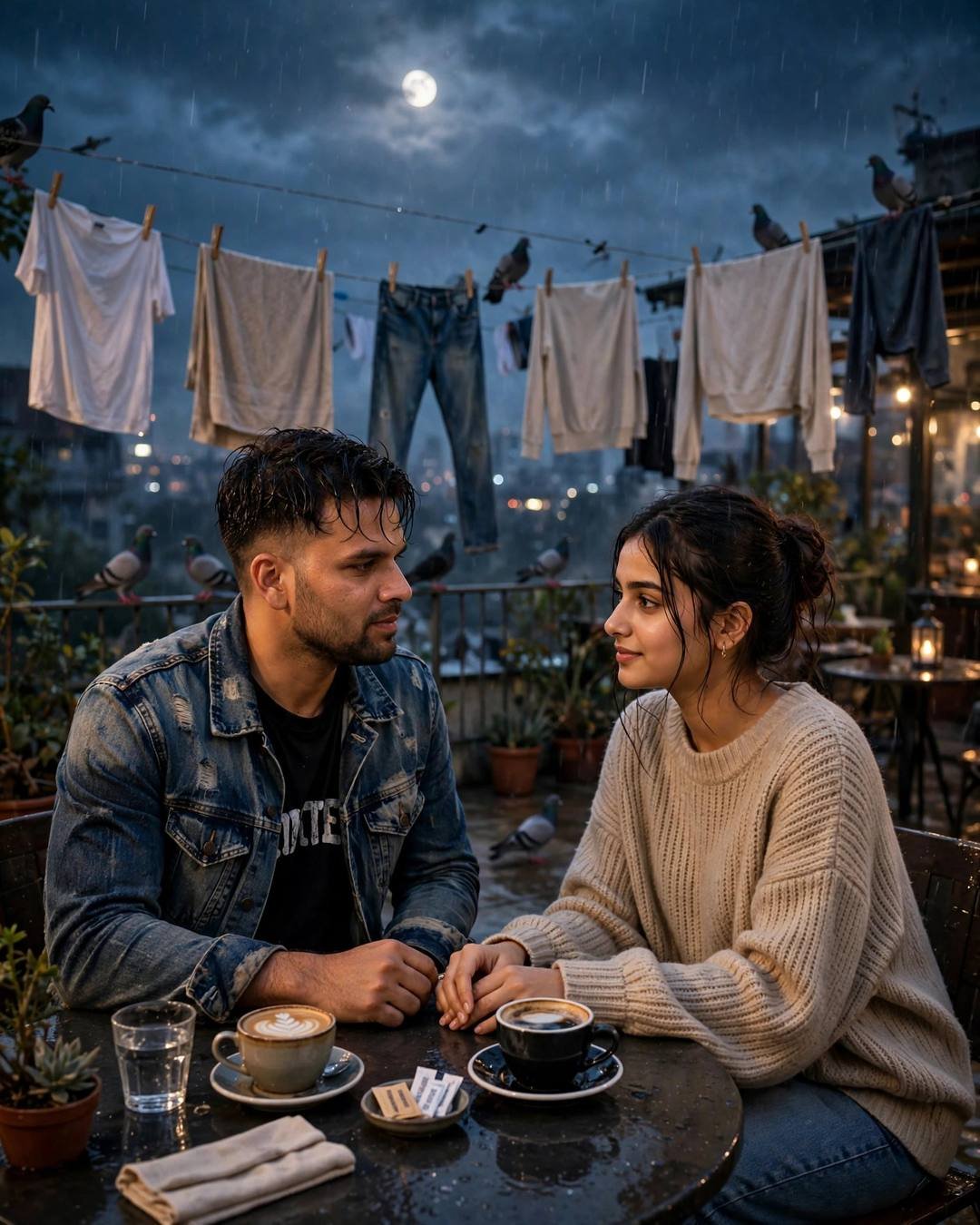 Young Indian couple across a cafe table on a rainy rooftop terrace at night, hands almost touching, moon and clothes lines