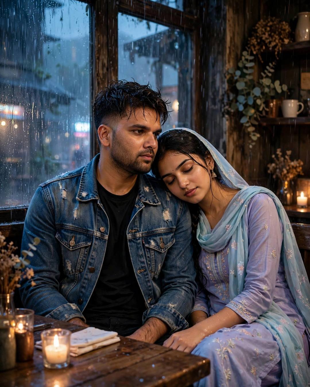 Young Indian couple in an old cafe during monsoon rain, her head resting on his shoulder, candles on the table